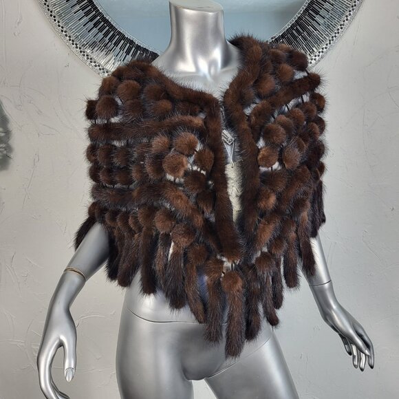 NWT~$424~BROWN RANCH GENUINE REAL MINK FUR TAILS STOLE CAPE WRAP SHAWL COAT - Picture 10 of 16